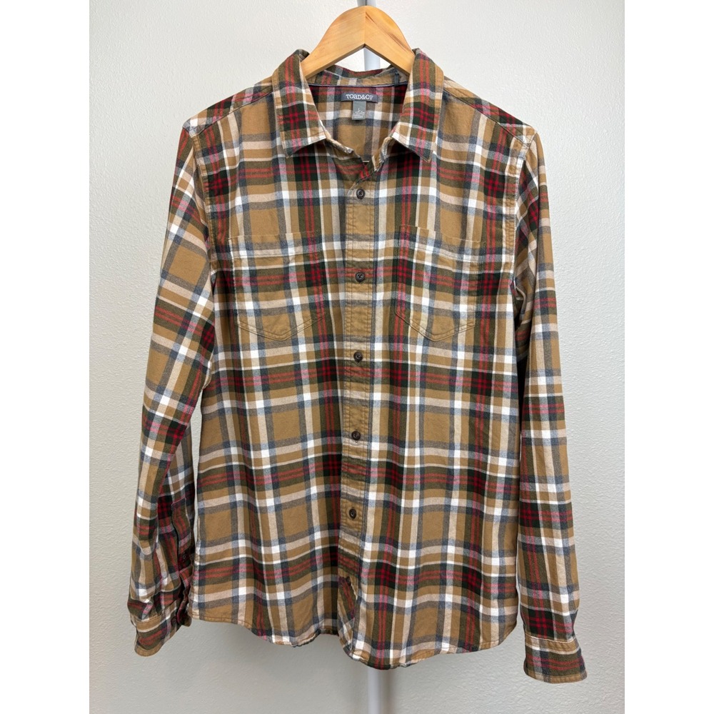 Toad&Co Mens Shirt 100% Organic Cotton Plaid Flannel Button Down Large Tan‎ Fall